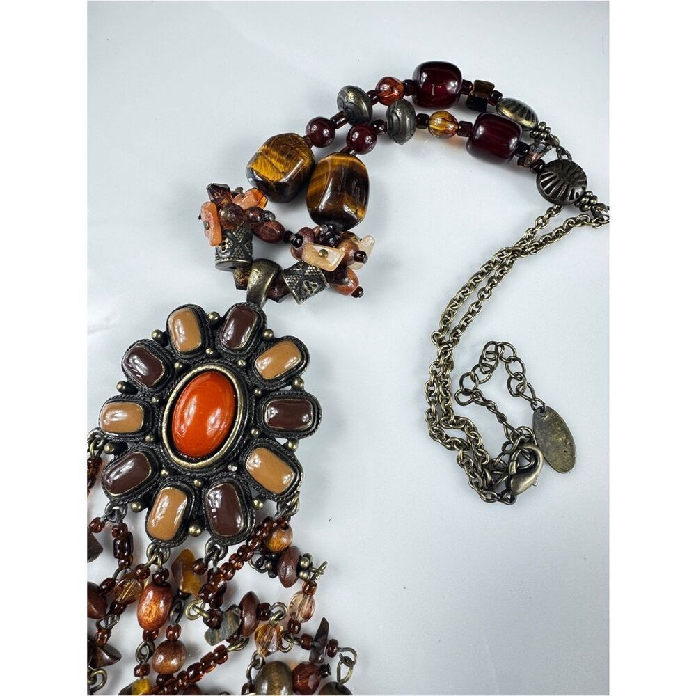 Rare Bohemian Orange and Brown Tigers Eye Pendant Necklace - Picture 11 of 13